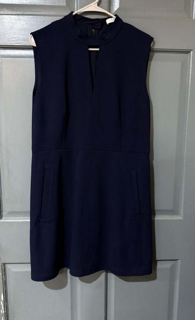 Tibi Bond Stretch Knit Sleeveless A-Line Dress - Navy Blue Classy Workwear